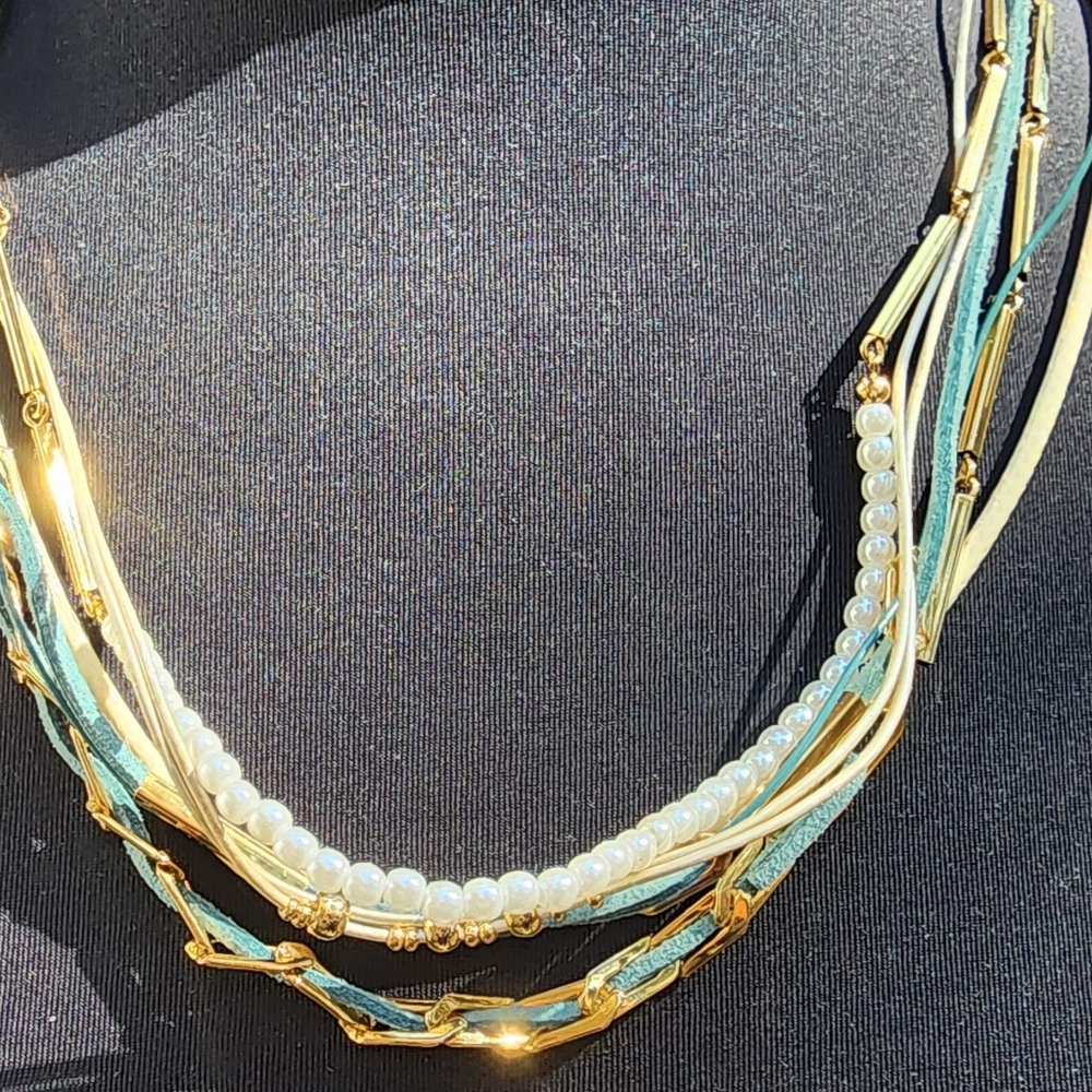 Gold with Teal and Cream Leather Multi-Strand and Pearl Necklace